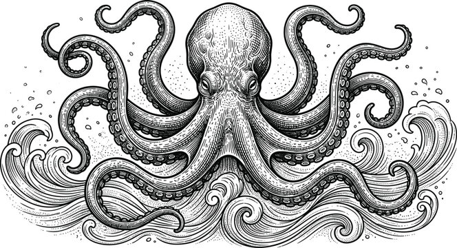 Vintage Octopus Kraken Monster Vector Illustration Featuring Giant Sea Creature with Detailed Tentacles and Ocean Waves for Nautical Emblem Tattoo Logo Designs