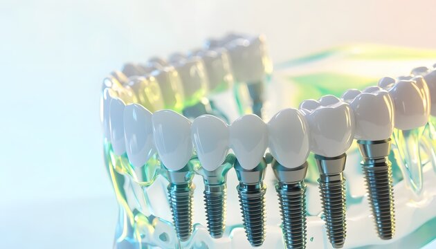 Transparent clear plastic jaw model showcasing dental implant restorations. Advanced prosthetic dentistry solutions. Close up view of artificial tooth crowns on titanium screws