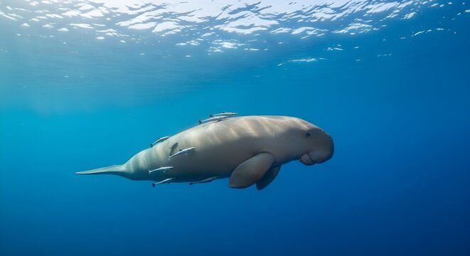 Underwater side view of a large dugong swimming through clear blue tropical ocean water with several remora fish attached to its body, sunlight filtering from the surface.