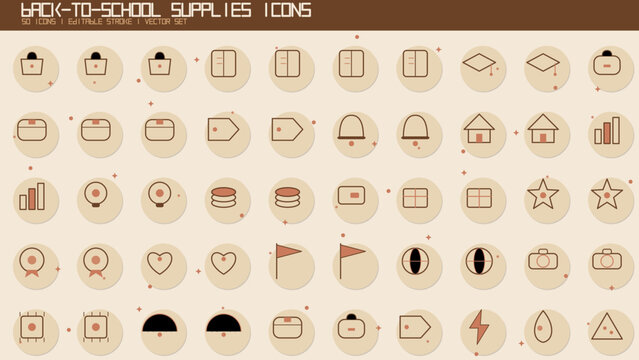 Back to school supplies icon set, school stationery and education symbols, backpack book pencil case line icons vector illustration. Perfect for school posters, education apps, and student planners.
