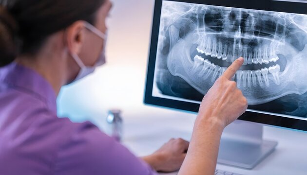 Digital panoramic dental radiograph on a computer monitor. Maxillofacial diagnostics and tooth root evaluation. Doctor pointing at a teeth scan during a clinical consultation