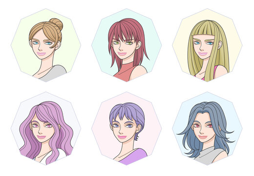 Collection of fashionable women avatars with different hairstyles and colorful hair, flat vector icon set