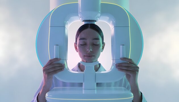 Modern dental panoramic scanner machine with patient. Advanced imaging radiography and health checkup. Young woman standing inside high-tech tomographic x-ray equipment