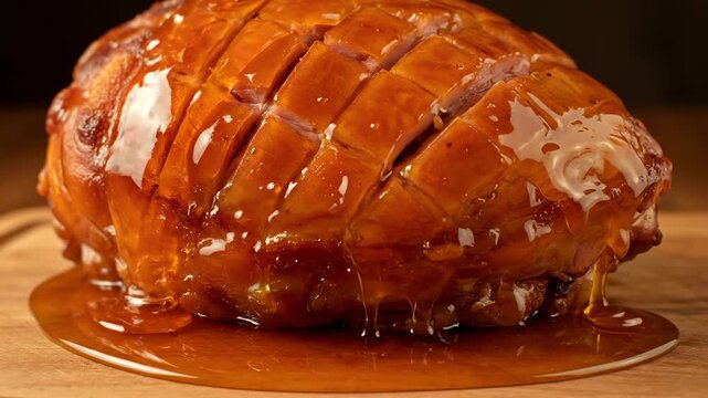 Detailed slow-motion shot of glistening honey glaze slowly drizzling and cascading over a perfectly baked golden brown ham, creating a mouth-watering visual effect smooth, macro, gastronomy