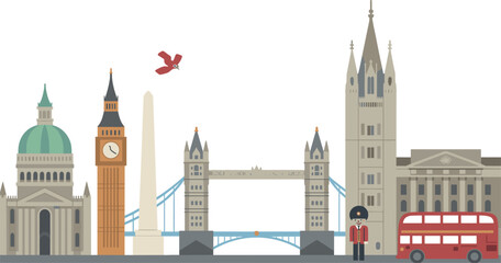 Obraz premium London City Landmark Skyline Flat Vector Illustration With Big Ben Tower Bridge Red Bus Royal Guard And Cathedral On White Background