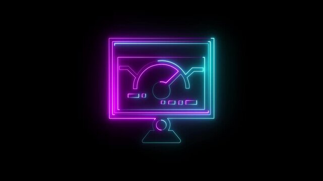 Neon Speedometer Gauge Icon on Dark Background Digital Interface Performance Meter Glowing Purple
