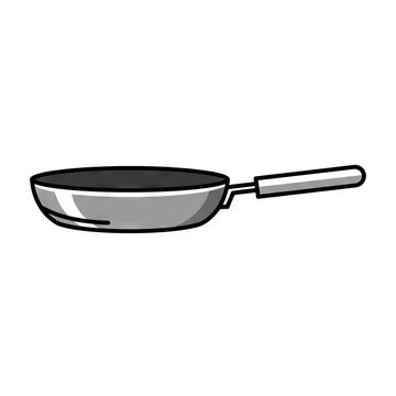 A simple illustration of a stainless steel frying pan with a long handle, depicted in a clean, cartoonstyle vector graphic suitable for cooking, kitchenware, or culinary design projects
