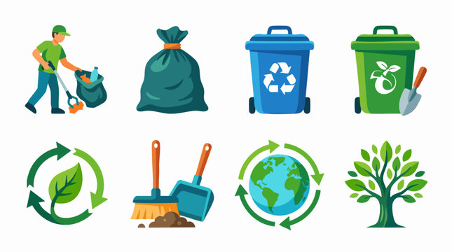 Eco-friendly waste management icons, flat recycling and cleaning vector set, sustainable environment icons with trash bins and earth globe