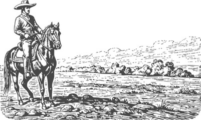 Obraz premium Cowboy riding horse on prairie vintage western landscape engraving illustration