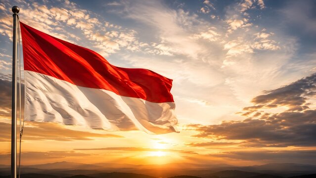 Waving Indonesian flag at sunset with cloudy sky