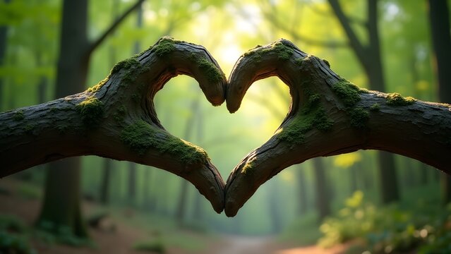 Two intertwined tree branches forming a natural heart shape in forest