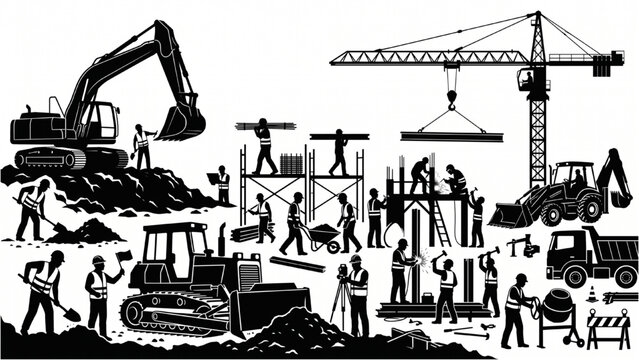 Construction Workers and Heavy Equipment Silhouette Set &ndash; Excavator, Bulldozer and Building Site Laborers Vector Collection