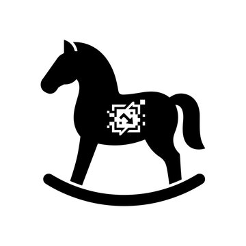 Glitch horse, error rocking horse, black silhouette, pixelated effect, vector icon isolated on White Background