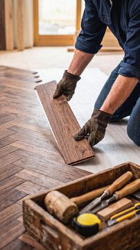 Professional male worker installing dark wooden parquet flooring in a room. Close-up of hands in gloves placing a plank with carpentry tools in a wooden box in the foreground. Home renovation.