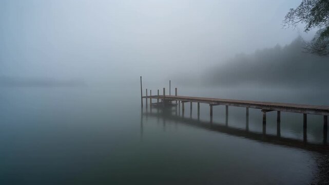 Misty lake with wooden pier at dawn