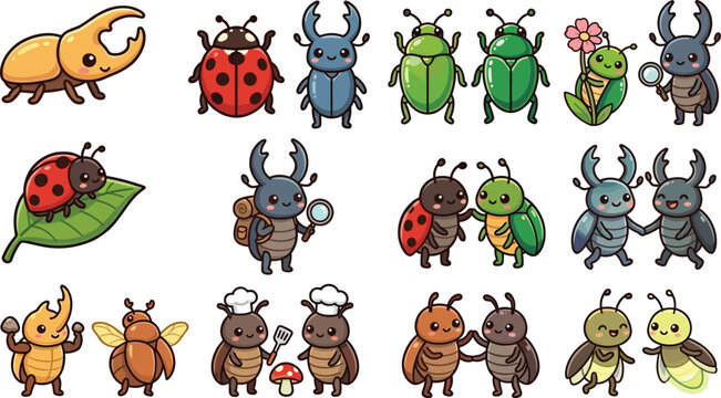 Cute Cartoon Insect and Beetle Sticker Set Featuring Kawaii Ladybugs, Stag Beetles, Fireflies, and Garden Bugs with Cooking and Exploring Elements Vectors