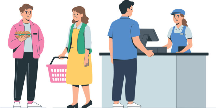 Supermarket Checkout Scene Flat Vector Illustration With Customers Cashier Shopping Basket And Counter On White Background