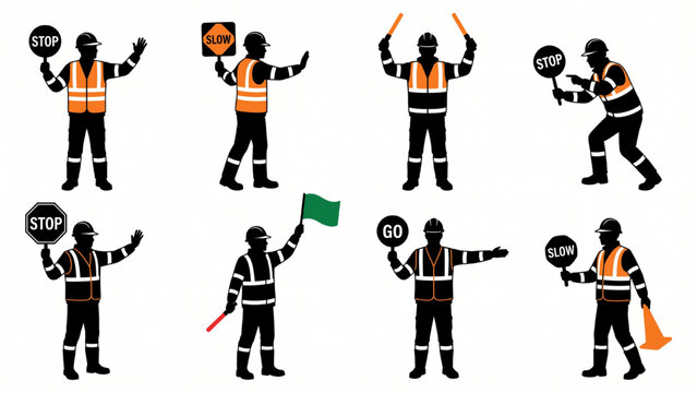 Airport Ground Staff and Traffic Control Worker Silhouettes &ndash; Safety Signaling and Stop Sign Vector Collection