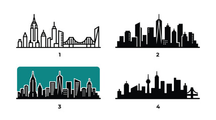 Fototapeta premium City Skyline Icon Set with Building Silhouette and Urban Landscape