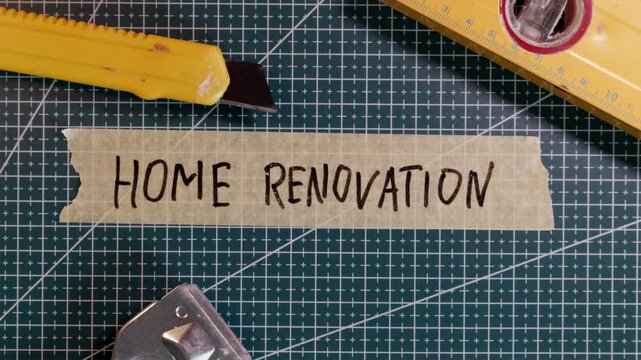 Overhead view of applying HOME RENOVATION tape near scraper and wrench.