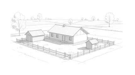 Fototapeta premium Rural country house drawing with farm buildings and fence