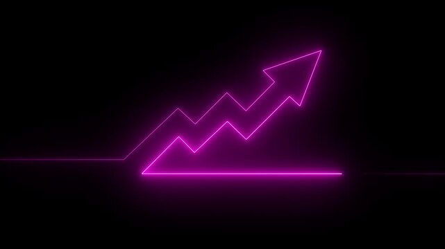 Abstract neon arrow business graph chart icon animation background. Market Recovery Concept. Successful growth trend Pink line graph going Up. Neon Upward Arrow on Line Graph Animation