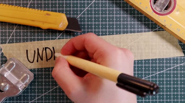 Overhead view of writing UNDER CONSTRUCTION on tape with tools.