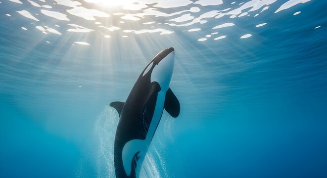 Underwater view of a young killer whale orca swimming towards the sunlit ocean surface, featuring dramatic light rays, air bubbles, and deep blue clear water environment.