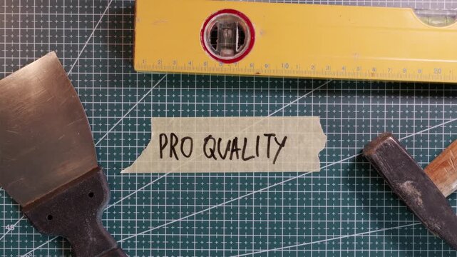 Top view of PRO QUALITY handwritten masking tape mockup with spirit level on green cutting mat
