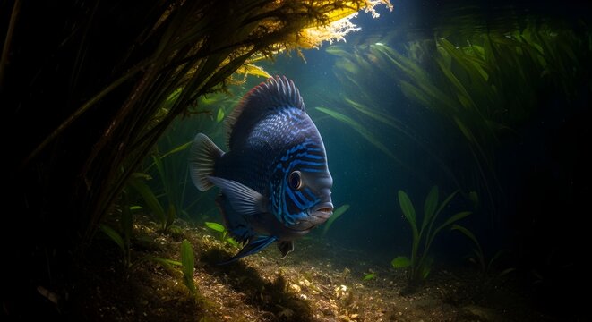 Vibrant blue Discus fish swimming in a dark, densely planted freshwater aquarium with dramatic lighting and long green aquatic plants in a low-key underwater environment.