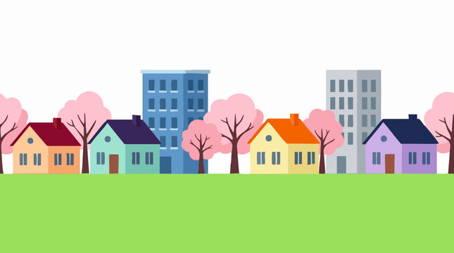 Flat design illustration of a colorful urban landscape with houses and buildings