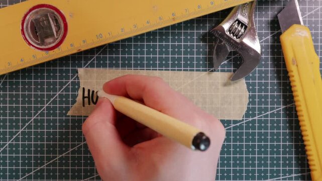 Top view of writing HOME IMPROVEMENT on masking tape on green mat.