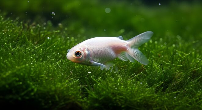 White iridescent goldfish swimming over dense green aquatic moss in a freshwater aquarium with small air bubbles and soft lighting. Close-up of shimmering scales and fins.