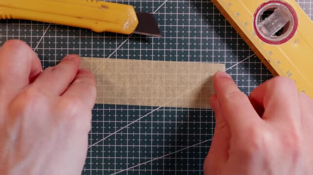 Top view of writing SAFETY FIRST on masking tape with tools.