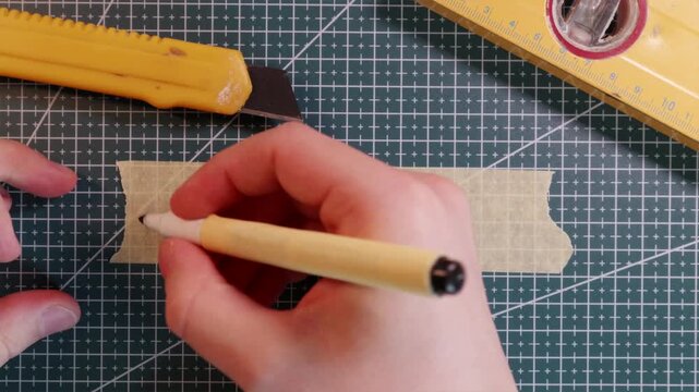 Top view of writing WORK IN PROGRESS on tape on empty green mat.