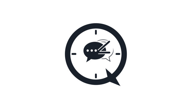 A dark circular clock face icon with chat bubble and arrow elements