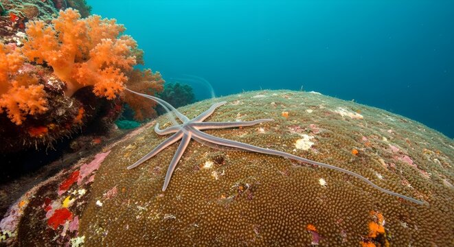 Wide-angle underwater view of a long-armed starfish resting on a massive hard coral mound beside vibrant orange soft corals in a clear blue tropical reef environment.