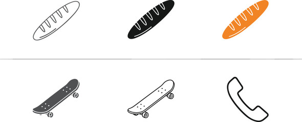 Flat vector icon set featuring french baguette bread loaves skateboards and telephone receiver symbols on white background for web interface UI design © AntarChandra