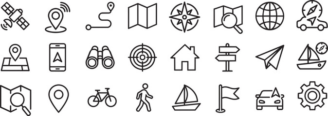 Fototapeta premium Navigation and Location Map Line Icons Vector Set