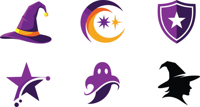 Halloween logo vector template set featuring purple witch hat spooky ghost silhouette crescent moon and star shield emblems for festive branding