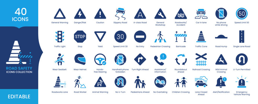 Road Safety Traffic Signs Icons Set &ndash; Warning Symbols, Driving, Transportation, Editable Vector Collection