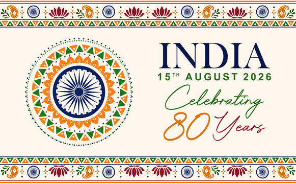 80th India Independence Day 2026 Decorative Banner Template. Flat vector horizontal banner celebrating the 80th Indian Independence Day on 15th August 2026, featuring a colorful Ashoka Chakra mandala 
