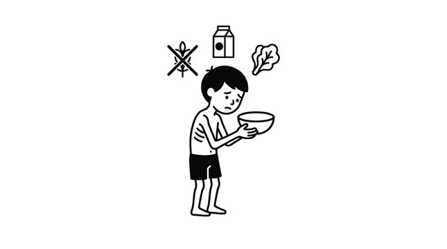 Sad Thin Boy Holding Empty Bowl, Malnutrition Concept, Food Scarcity Iconography