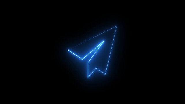 Paper Plane neon sign appear in center and disappear after some time. Animated blue neon icon on black background. Looped animation.4k motion video