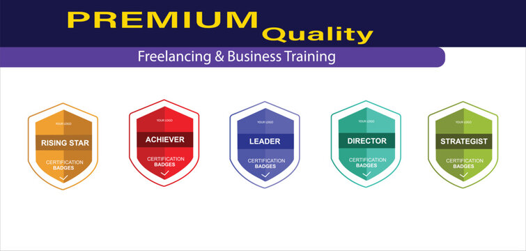 Set of five colorful business certification badges for freelancing training
