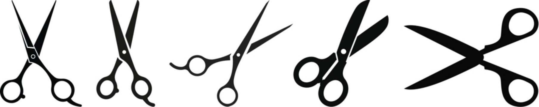 Scissors icon design, Simple scissor silhouettes in different styles, clippers icon set.Vintage engraved style scissor illustrations with detailed shading for barber shops and tailor branding.