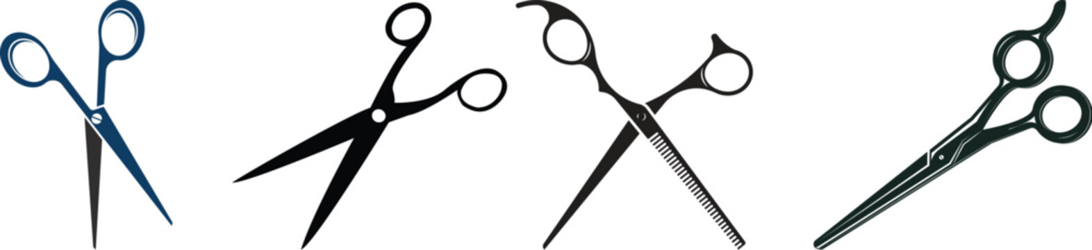 Scissors icon design, Simple scissor silhouettes in different styles, clippers icon set.Vintage engraved style scissor illustrations with detailed shading for barber shops and tailor branding.