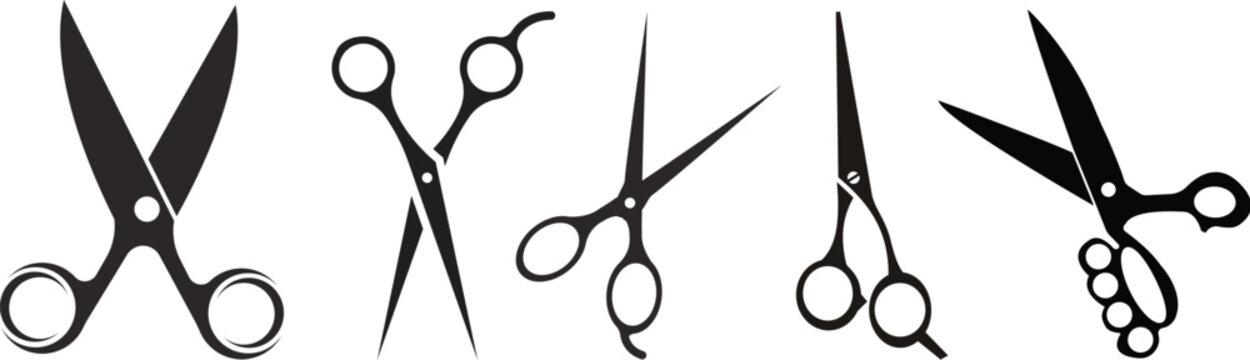 Scissors icon design, Simple scissor silhouettes in different styles, clippers icon set.Vintage engraved style scissor illustrations with detailed shading for barber shops and tailor branding.