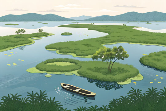 Loktak Lake and floating phumdis, Manipur, modern vector illustration, limited color palette, unique lake islands, flat aerial composition