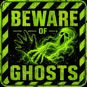 Green neon beware of ghosts Halloween warning sign with spooky phantom, grunge hazard border illustration